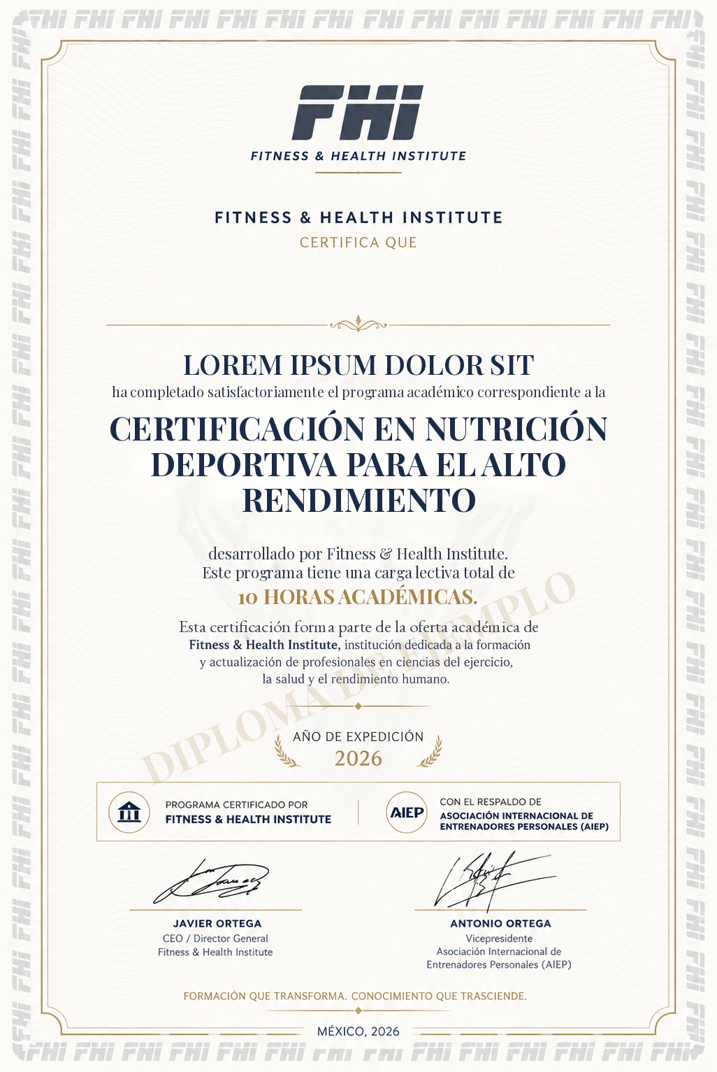 Ejemplo de diploma FHI de la Certificación en Nutrición Deportiva para el Alto Rendimiento